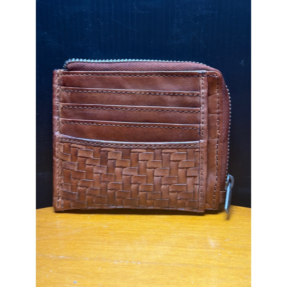 Brown Leather Woven L-Zip Wallet Basketweave Card Holder Cognac Pocket Organizer